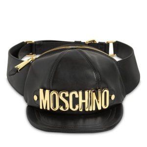 AW20 Moschino Couture Jeremy Scott BLACK LEATHER HAT SHAPED Fanny Pack GOLD LOGO